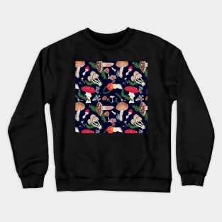 Woodland Mushrooms with Dark Blue Background Crewneck Sweatshirt